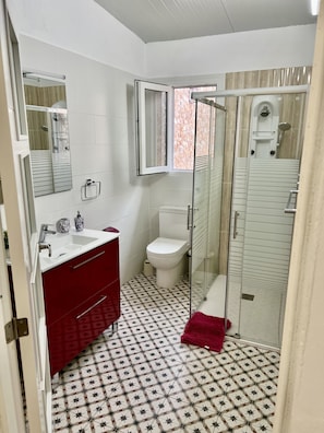 Shower, hair dryer, towels