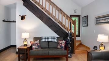 Smart TV, fireplace, DVD player, books