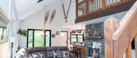 Smart TV, fireplace, DVD player, books