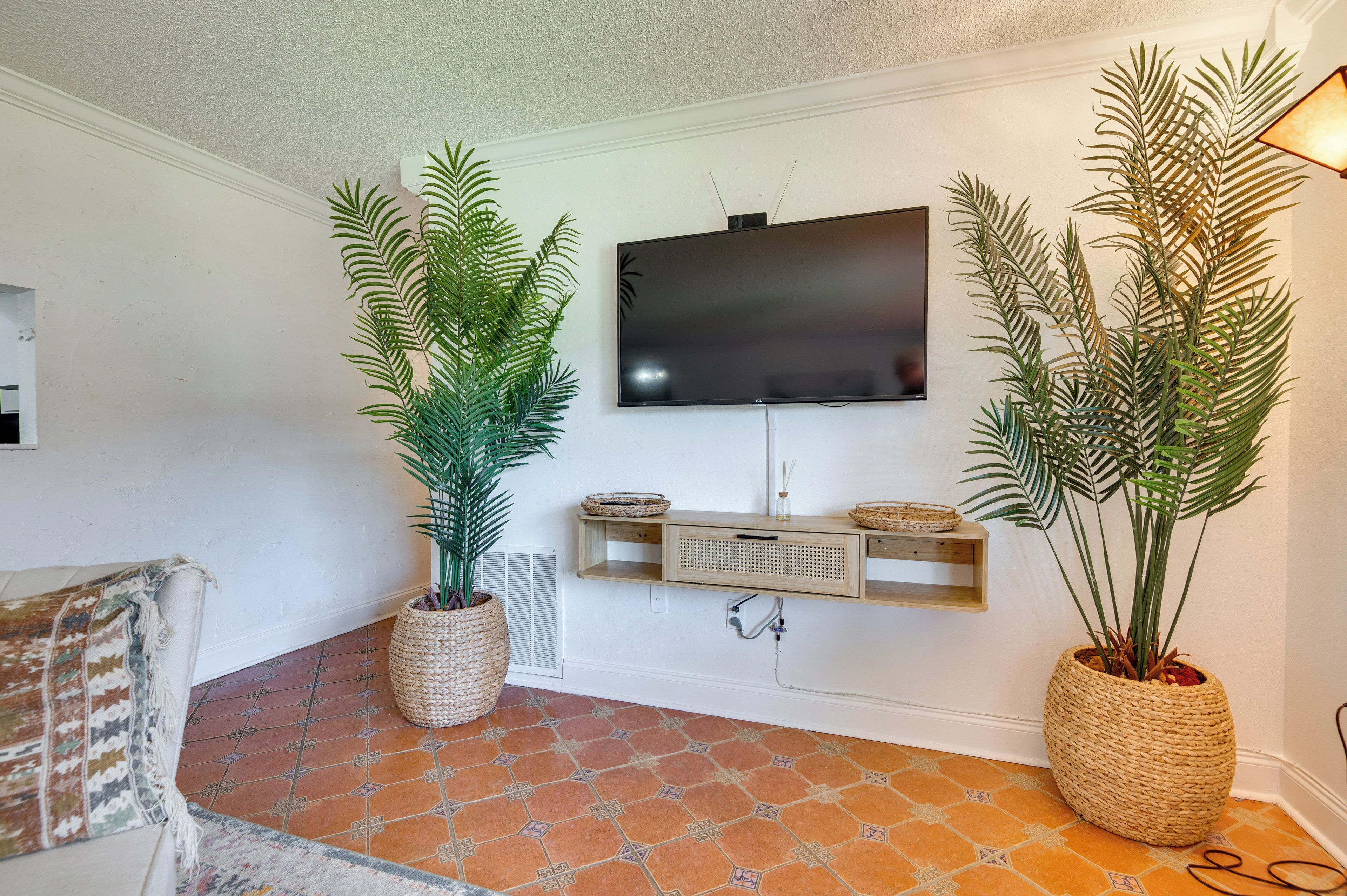 A living room with a flat-screen TV mounted on the wall, two large potted plants, a woven shelf unit, and a patterned rug.