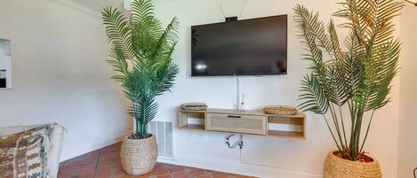A living room with a flat-screen TV mounted on the wall, two large potted plants, a woven shelf unit, and a patterned rug.