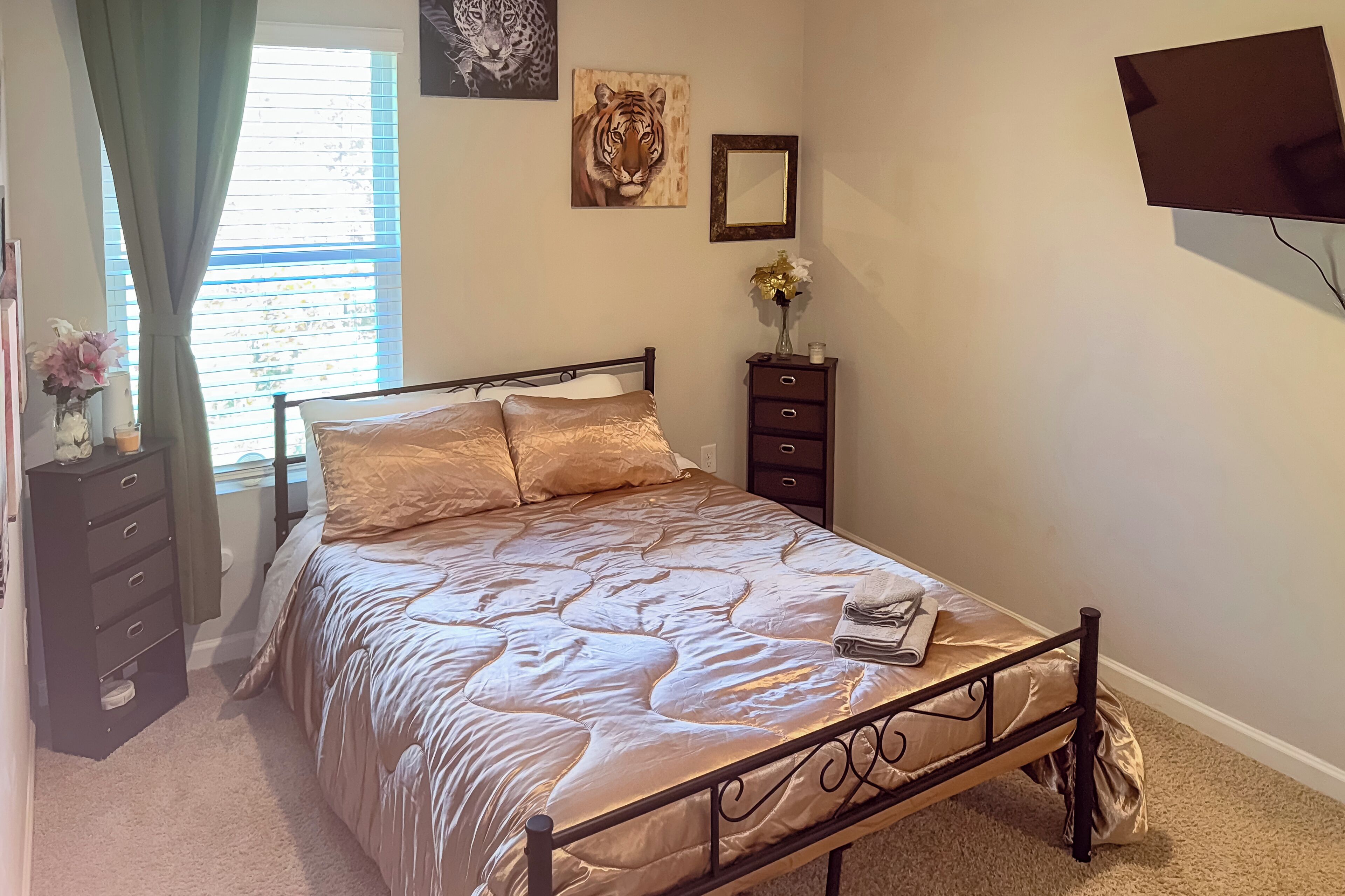 A bedroom with a bed, a dresser, a mirror, and a TV.