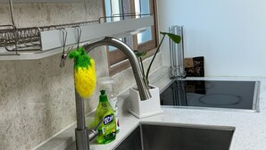 Una cucina moderna con un lavello in acciaio inossidabile, una pianta sospesa e un espositore per piatti.