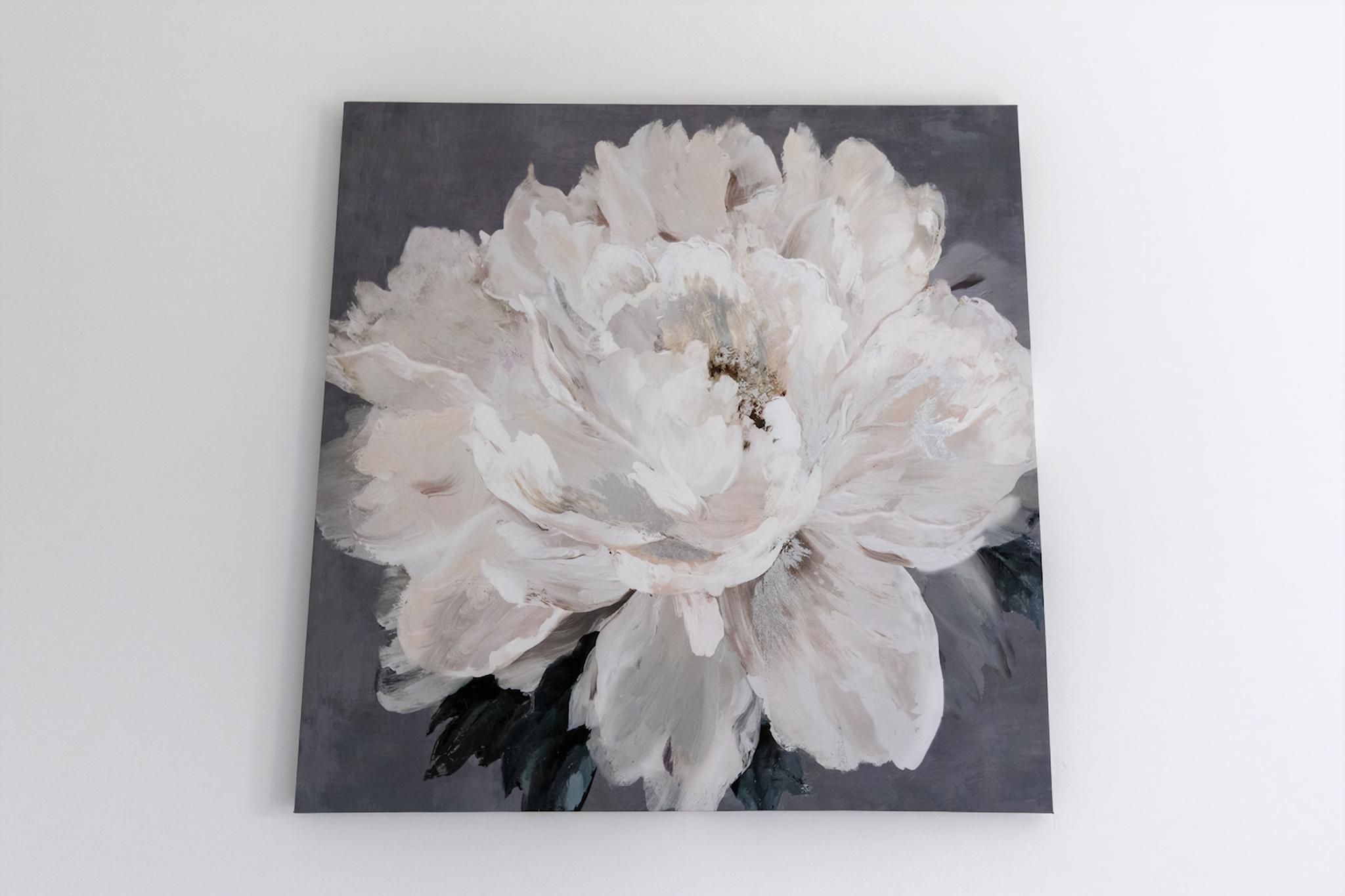 A painting of a white flower on a grey background.