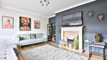 A living room with a grey sofa, a fireplace, and wall-mounted artwork.