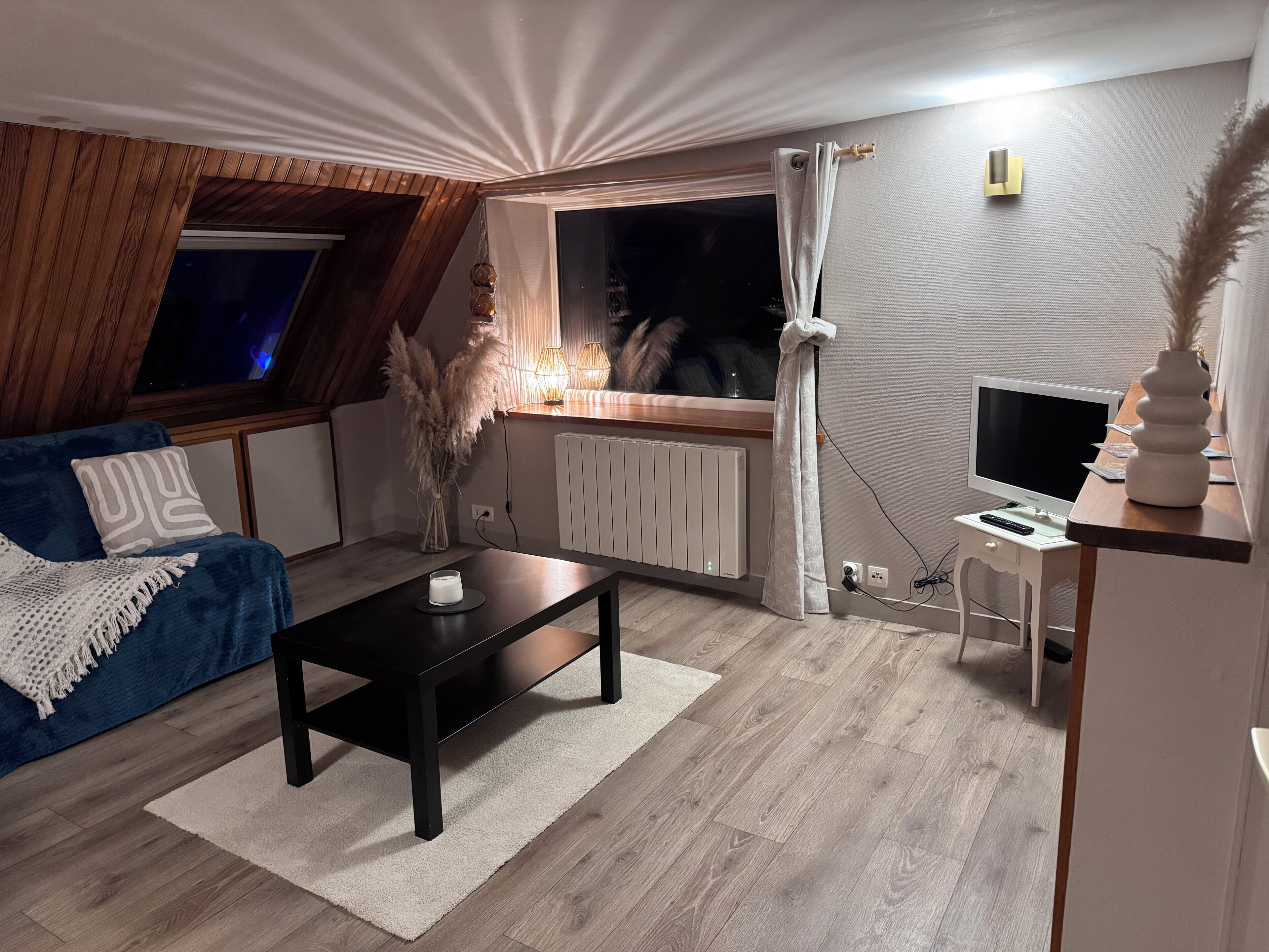 Un salón moderno con una mesa de centro negra, un sofá azul, un televisor y un radiador.