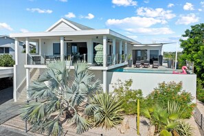 A modern house with a covered patio, a swimming pool, and various plants.