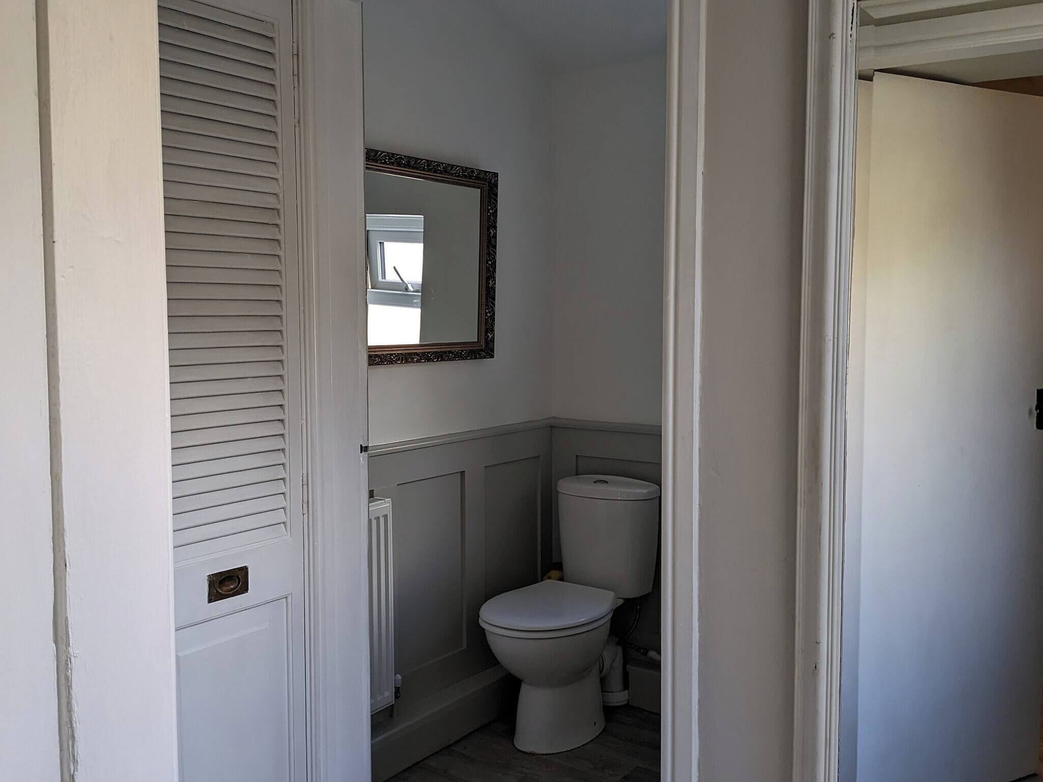 A small, narrow bathroom with a toilet, a mirror, and a radiator.