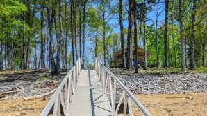 A wooden boardwalk leading to a cabin surrounded by trees. - The Lake Cottage on the Peninsula.  (Dandridge)