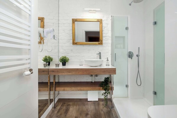 Shower, hair dryer, towels