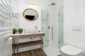 Ducha, secador de pelo, toallas y champú