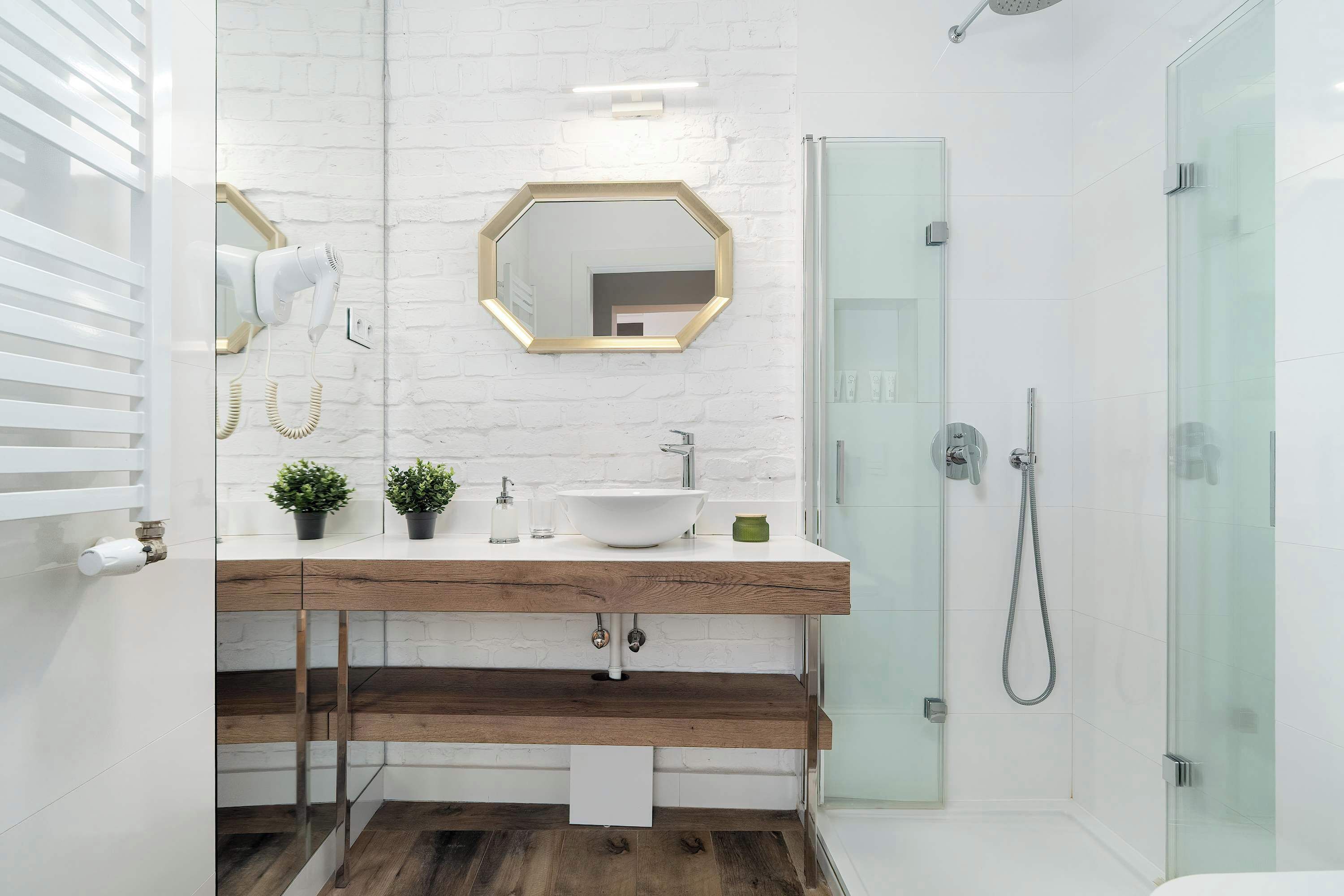 Shower, hair dryer, towels
