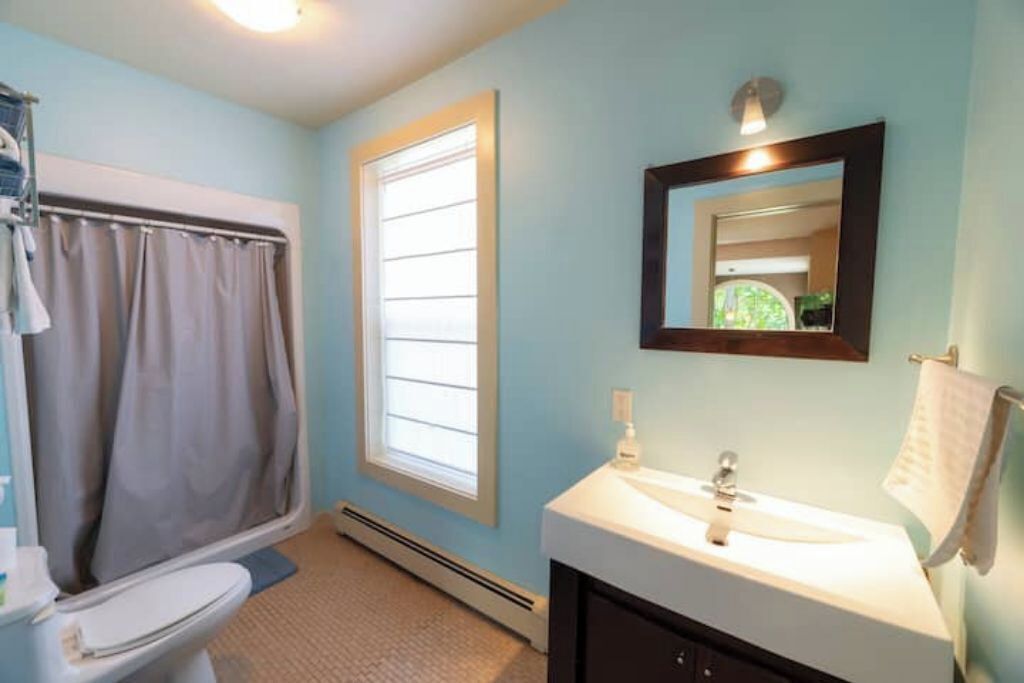 Une salle de bain équipée de toilettes, d’un lavabo et d’un rideau de douche.