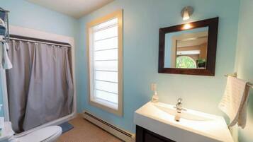 Une salle de bain équipée de toilettes, d’un lavabo et d’un rideau de douche.