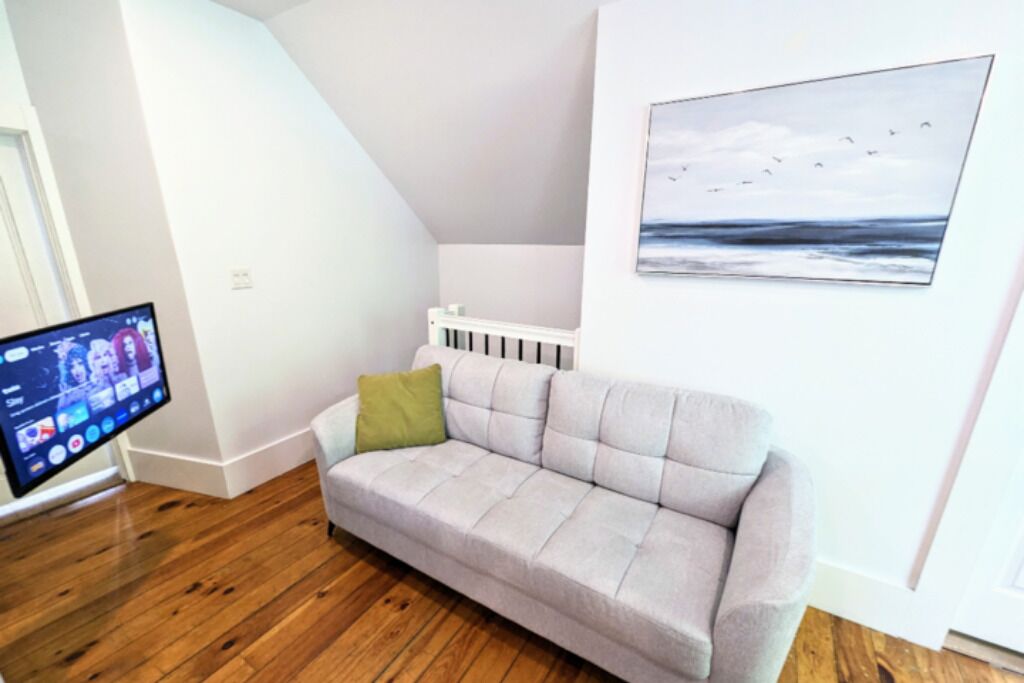 Un salon moderne avec un canapé gris, un coussin vert, un téléviseur à écran plat et un tableau représentant des oiseaux accroché au mur.