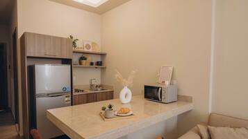 Una cocina compacta con refrigerador, microondas y una pequeña encimera. En la zona de estar contigua hay dos sillas y un sofá.