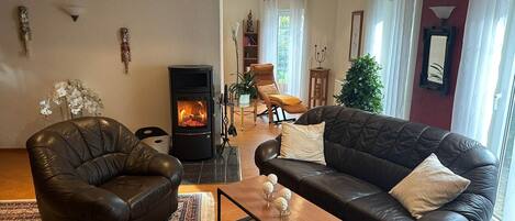 Smart TV, lareira, livros