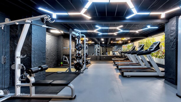 A modern gym with treadmills, weight machines, and free weights.