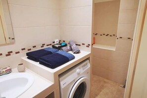 Ducha, secador de pelo, toallas y papel higiénico