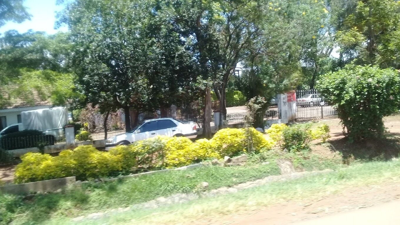 A residential area with a white car parked near a fence, surrounded by greenery and trees.