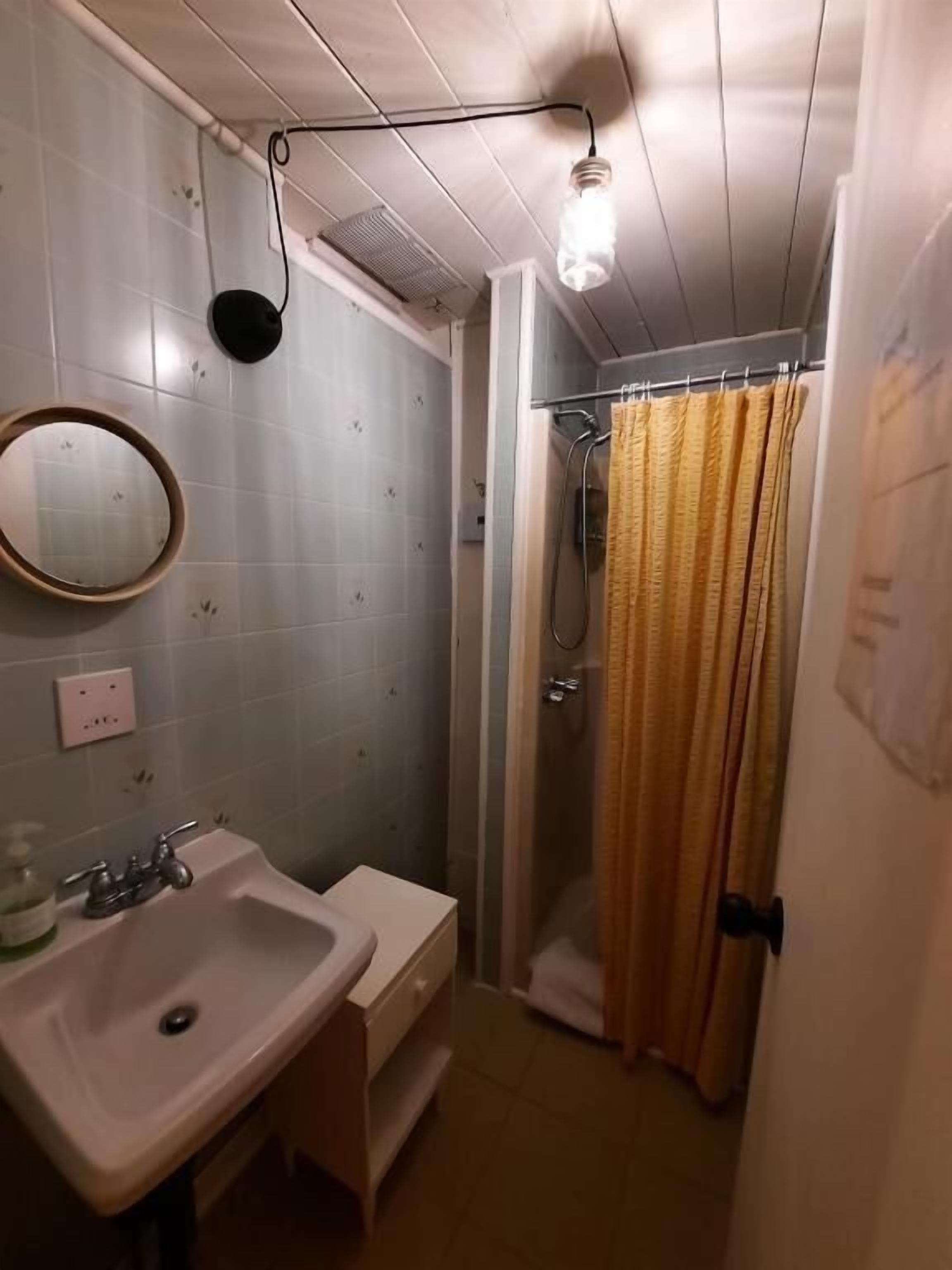 A bathroom with a sink, mirror, shower curtain, and a light fixture.