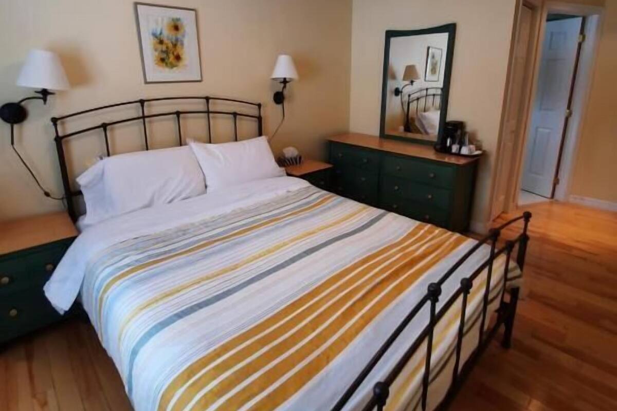 A bedroom with a bed, bedside lamps, a nightstand, a dresser, and a ceiling light fixture.