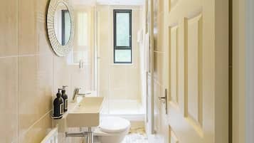 Hair dryer, towels, soap, shampoo