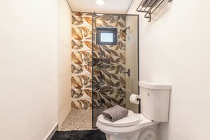 Hair dryer, bidet, towels, soap