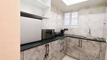 Luxury Apartment | Private kitchen | Fridge, microwave, stovetop, cookware/dishes/utensils