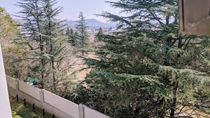 A balcony with a view of a forested area and distant mountains.