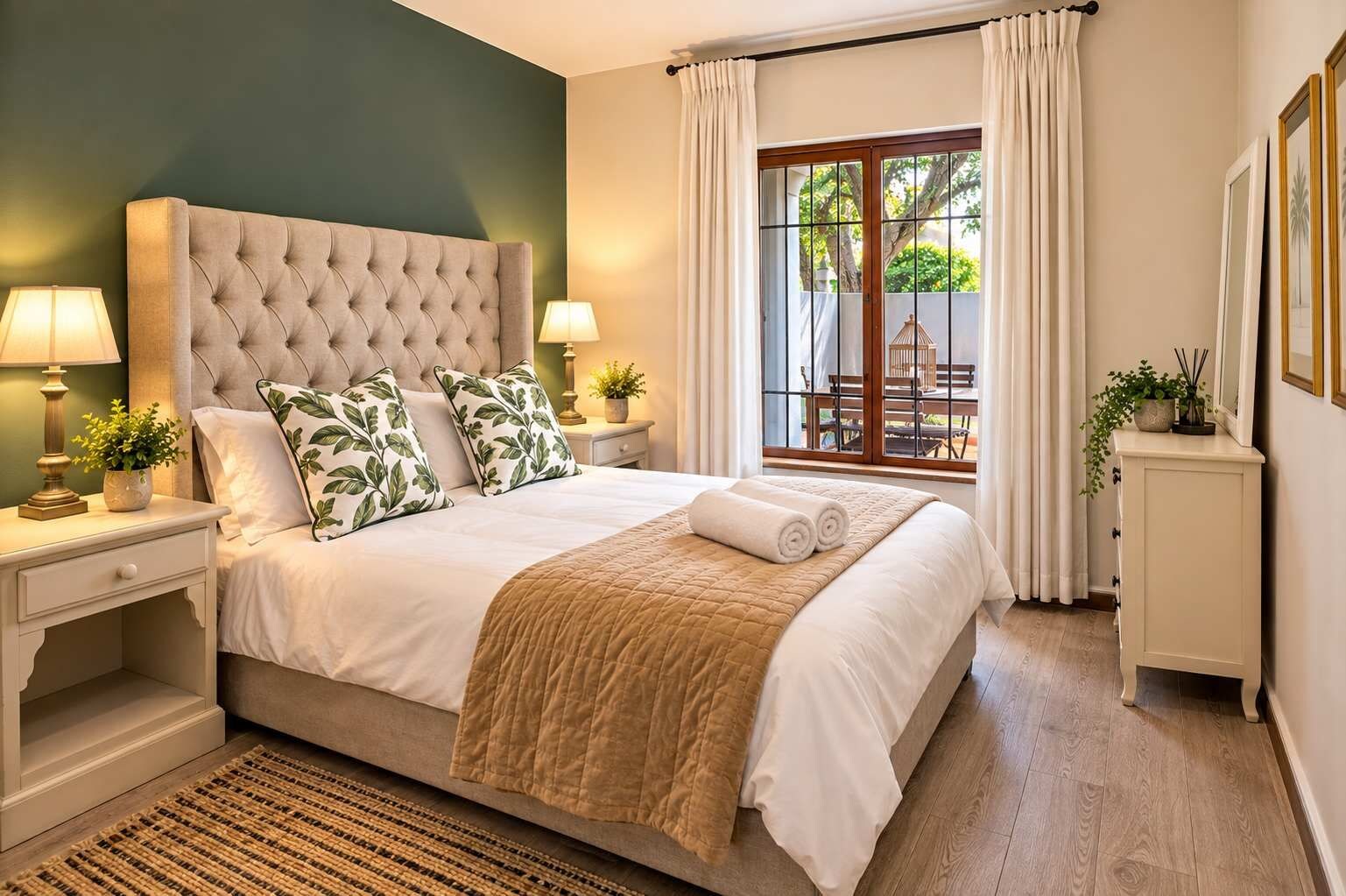 A neatly arranged bedroom with a large bed, two bedside tables, a window with curtains, and a view of the outdoors.