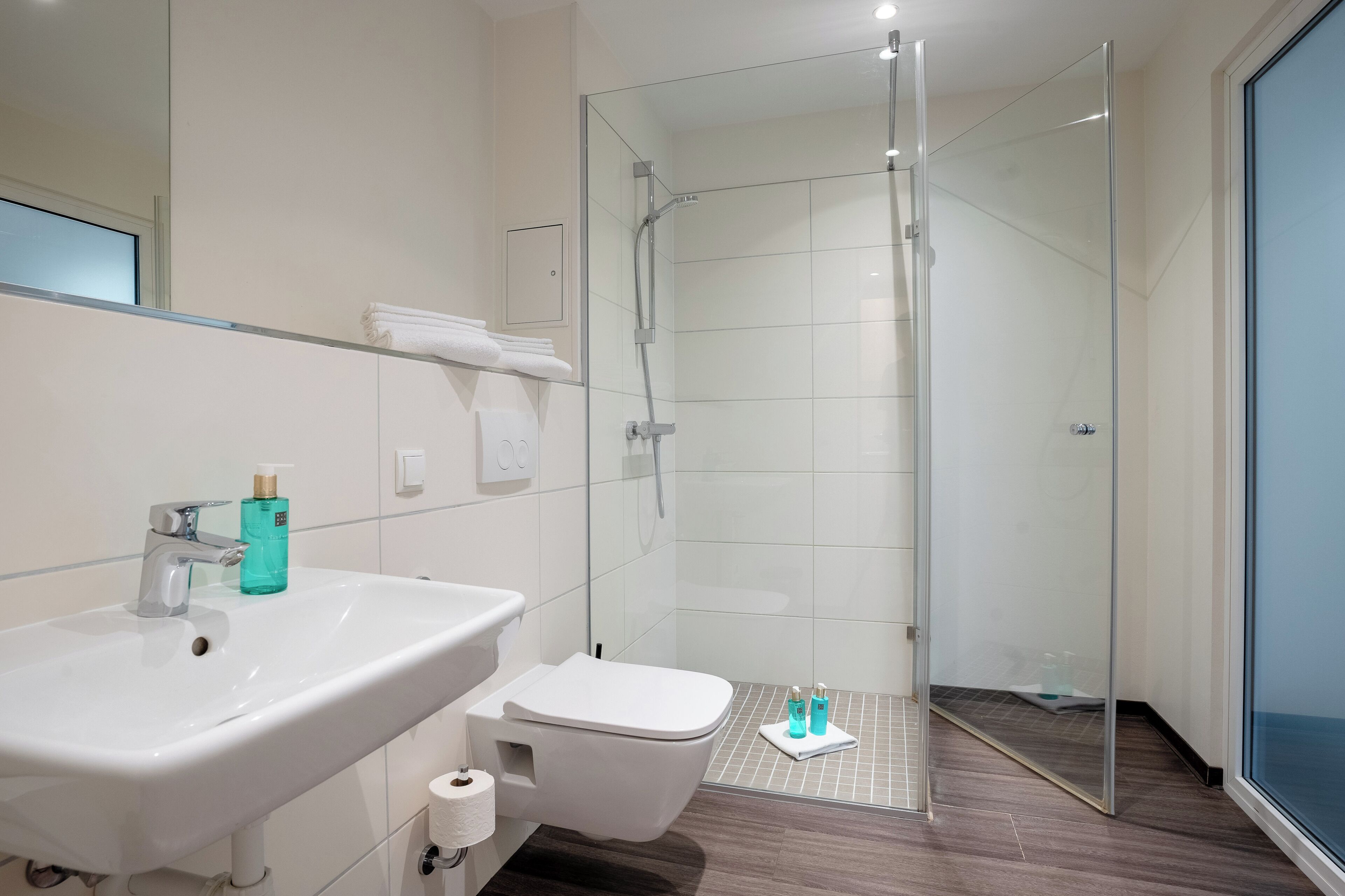 Un baño moderno con ducha envuelta en vidrio, un lavamanos blanco y un inodoro.