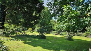Ein gepflegter Garten mit Holzzaun, üppigem Grün und blauem Himmel.