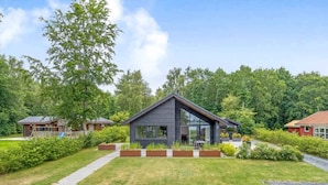 A modern house with a dark exterior, large windows, and a well-maintained lawn. - 5 Star Holiday Home in Sunds (Sunds)