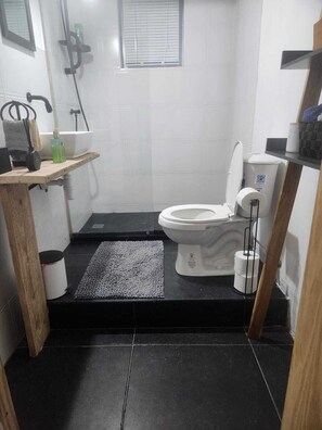 Chuveiro, secador de cabelo, toalhas de banho, sabonete