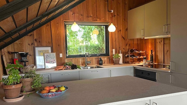 Eine moderne Küche mit Holzwänden, einem großen Fenster und einer Obstschale auf der Arbeitsfläche.