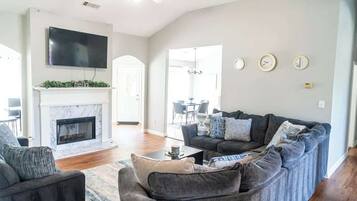 TV, fireplace, foosball, offices