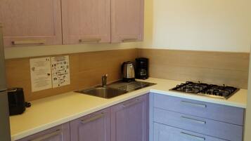 Fridge, coffee/tea maker, cookware/dishes/utensils