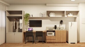 คอมฟอร์ทสตูดิโอ, วิวเมือง | ครัวส่วนตัว | ตู้เย็น, ไมโครเวฟ, เตาประกอบอาหาร, เครื่องชงกาแฟเอสเปรสโซ