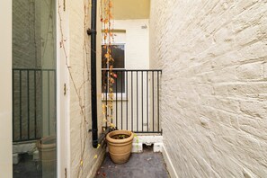 A narrow alleyway with a white brick wall, a black metal gate, and a large planter with vines.