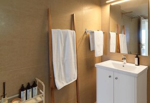 Shower, hair dryer, towels, soap