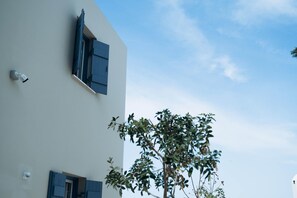 Ein Gebäude mit weißer Fassade, ein Baum davor und blauer Himmel.