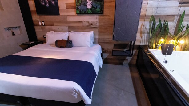 A modern hotel room with a large bed, wooden headboard, and a bedside table with a lamp. - Hotel Lleras Park III (Medellín)
