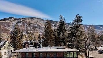 A modern building with a flat roof, surrounded by tall evergreen trees and a mountainous backdrop.