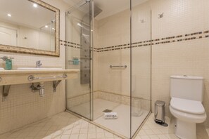 Shower, hair dryer, towels