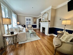 TV, fireplace, books, music library