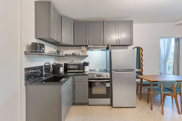 Full-sized fridge, microwave, oven, stovetop