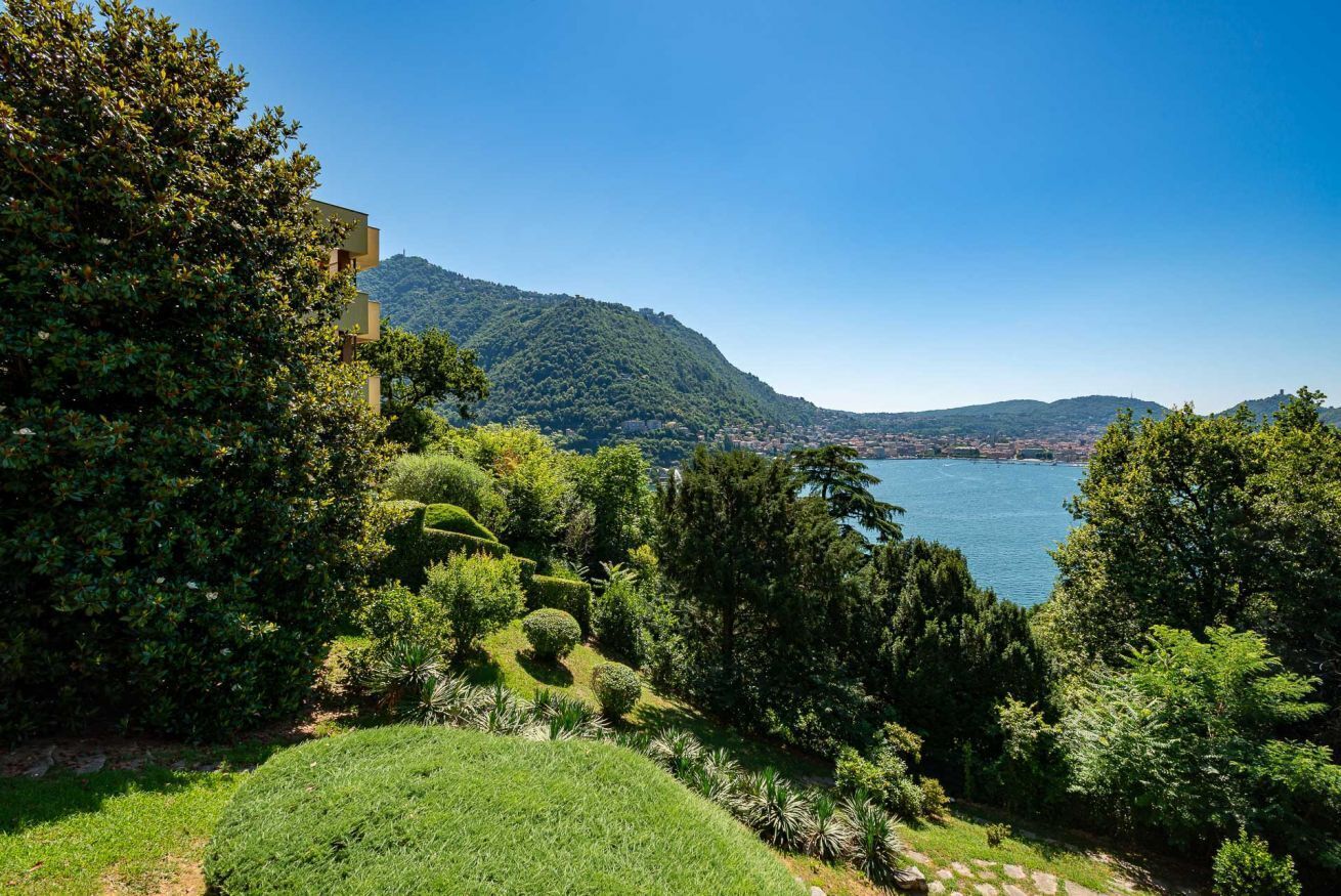 Un rigoglioso giardino con alberi e arbusti diversi, un cielo azzurro limpido e una vista lontana di un lago e delle montagne.