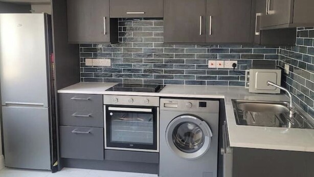 A compact kitchen with grey cabinets, a built-in oven, a washing machine, a microwave, and a sink.