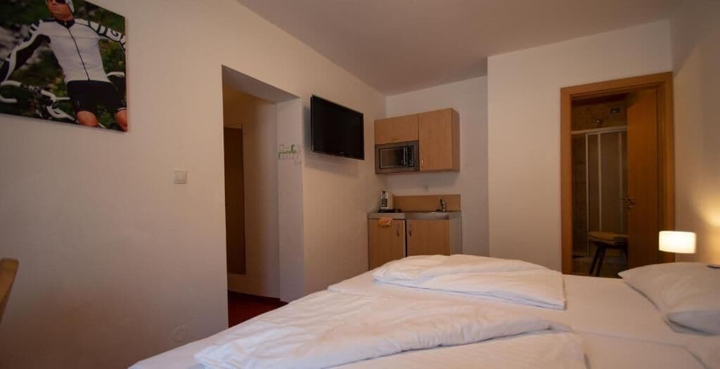 A hotel room with a bed, a TV mounted above a wooden cabinet, and a shower area.